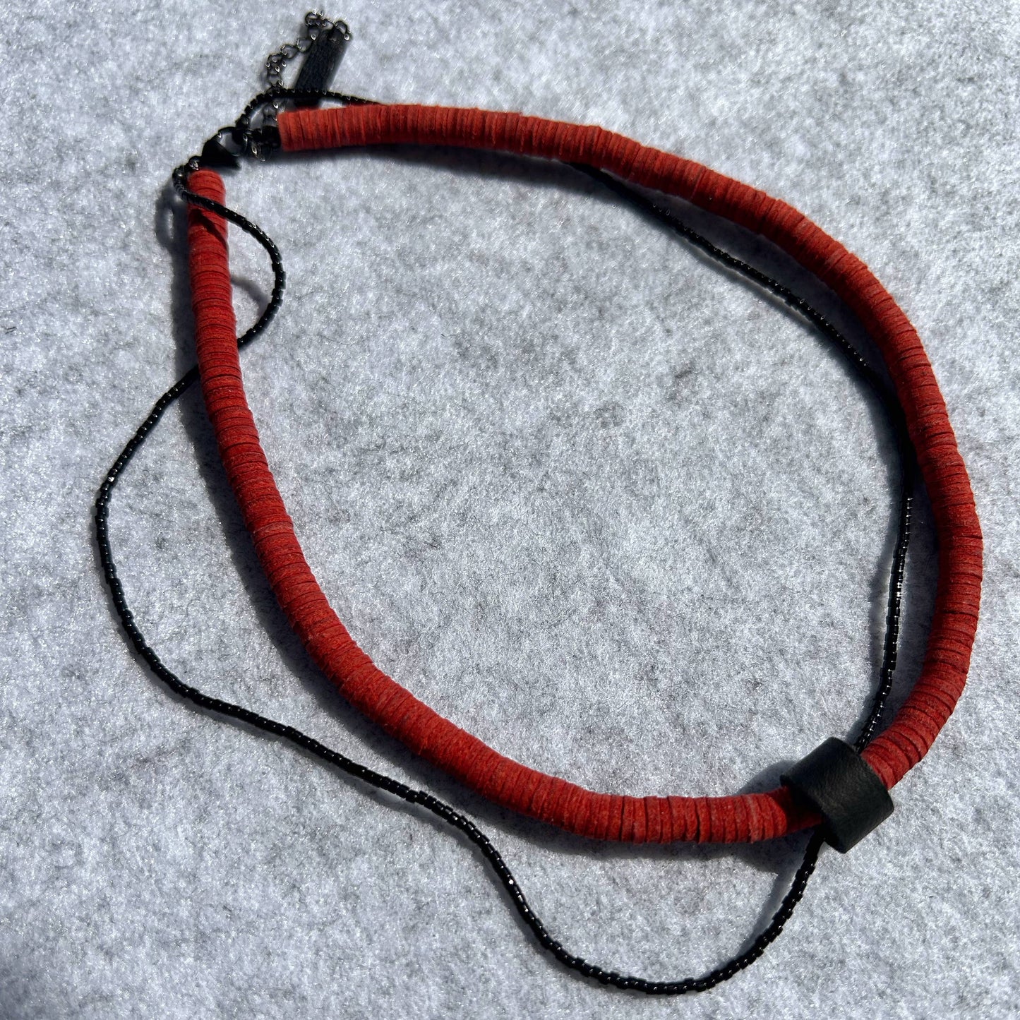 Red Leather Choker Necklace with Black Bead String N020