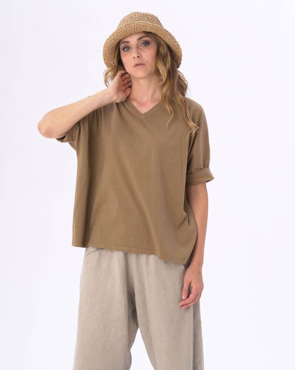 V-neck Cuffed Short Sleeve Top