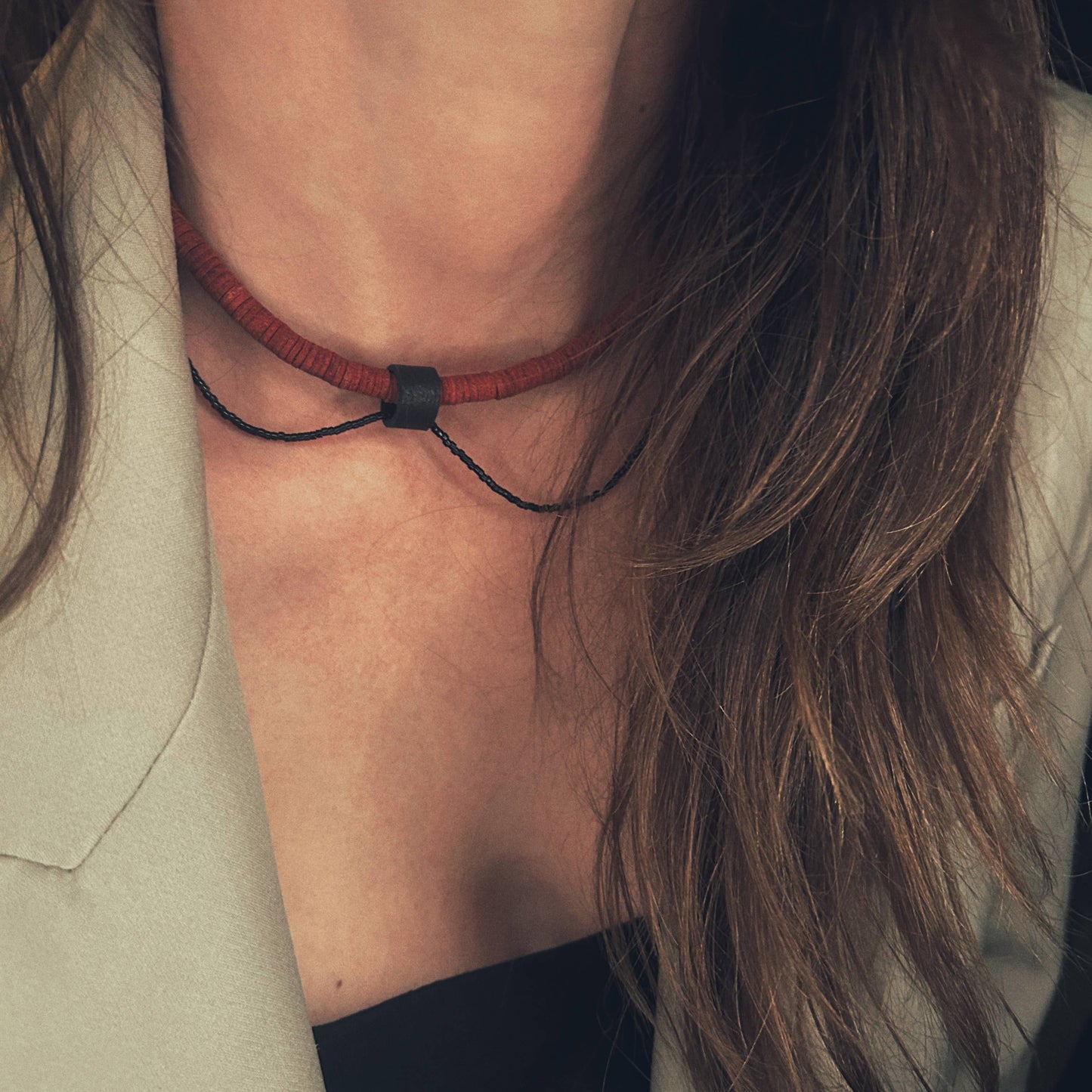 Red Leather Choker Necklace with Black Bead String N020