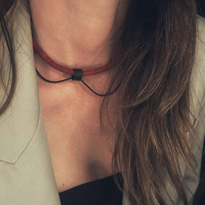 Red Leather Choker Necklace with Black Bead String N020