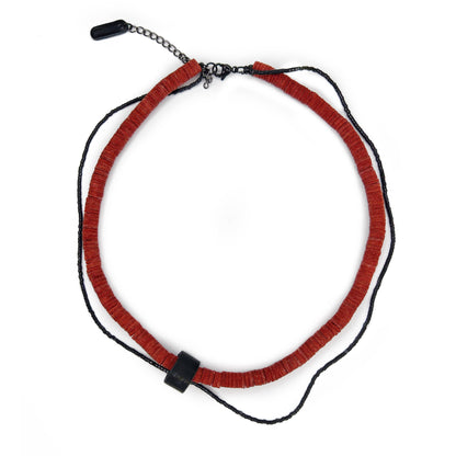 Red Leather Choker Necklace with Black Bead String N020