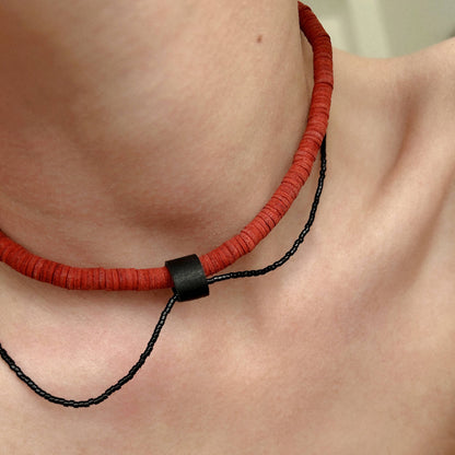 Red Leather Choker Necklace with Black Bead String N020