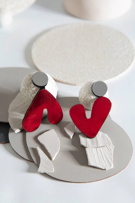 Audrey Asymmetric Earrings in Silver&Red