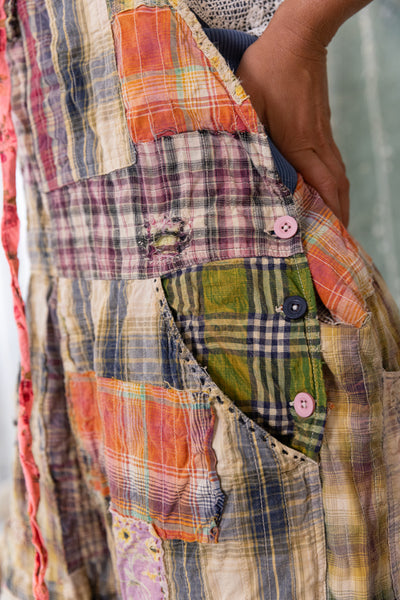 Cotton Patchwork Love Overalls in Madras Green