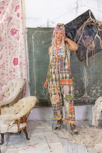Cotton Patchwork Love Overalls in Madras Green