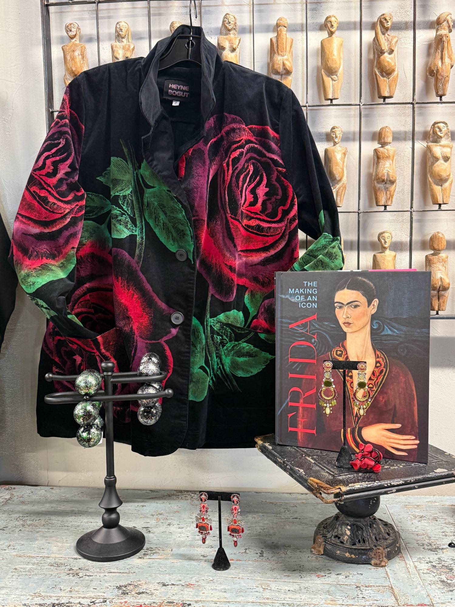 Heyne Bogut rose velvet jacket styled with statement earrings at Gaia
